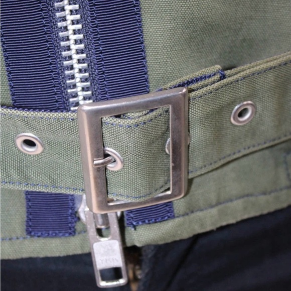 Sacai Khaki Green Utility Moto Biker Jacket Belted Black Accents SZ 2 - Picture 5 of 8